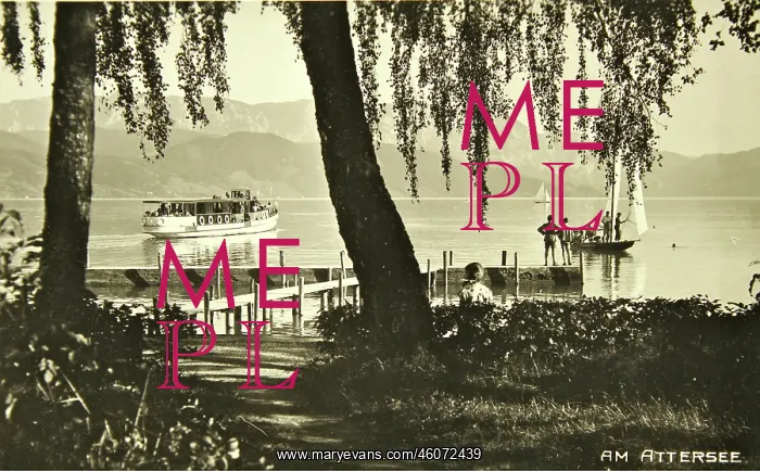 : At the Lake Attersee. Steamer and sailboat at a : At the Lake Attersee. Steamer and sailboat at a