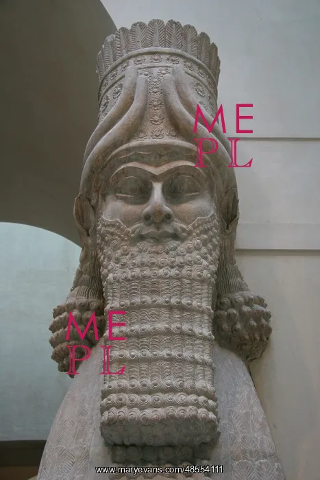 : Lamasu or Bull-man. Detail of the head. Reliefs from Sargon : Lamasu or Bull-man. Detail of the head. Reliefs from Sargon