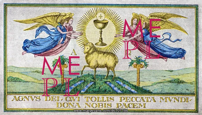 : Lamb of God and chalice surround by angels : Lamb of God and chalice surround by angels