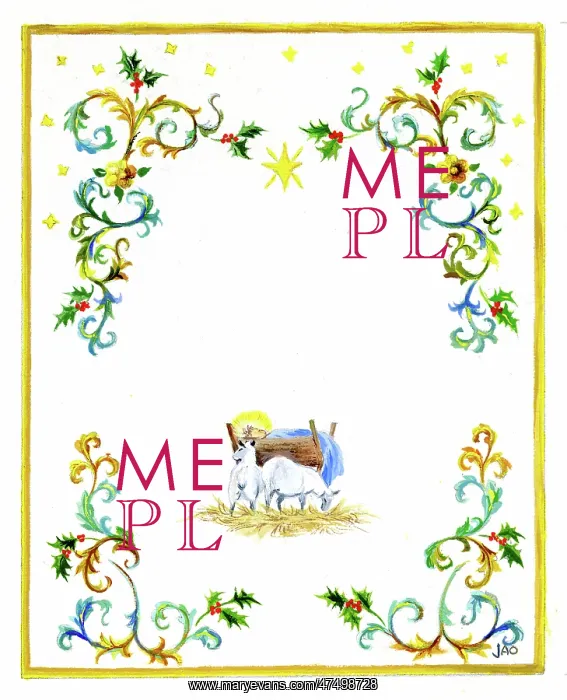 : Two lambs beside Christ child in manger : Two lambs beside Christ child in manger