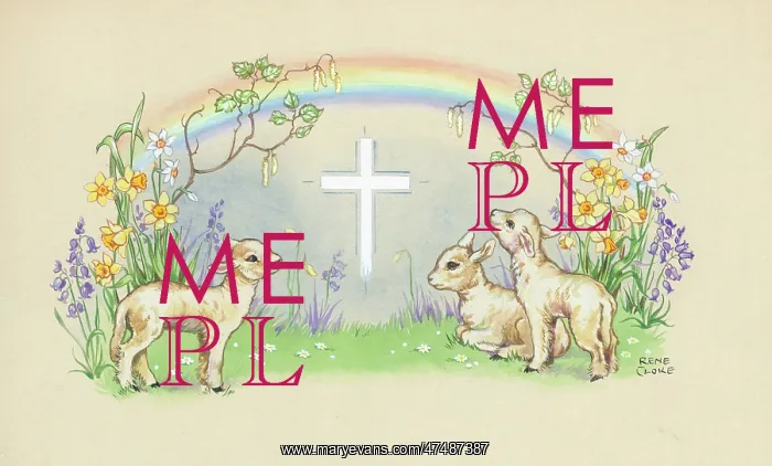  : Lambs, cross and rainbow - three lambs with spring flowers