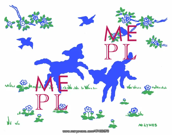 : Two lambs skipping with three birds above : Two lambs skipping with three birds above