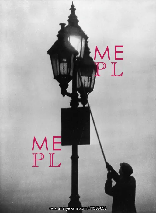 : A lamplighter at work in the London fog : A lamplighter at work in the London fog