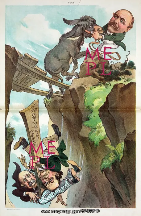 : Landed. Illustration shows Alton B. Parker pulling a donkey to safety across : Landed. Illustration shows Alton B. Parker pulling a donkey to safety across