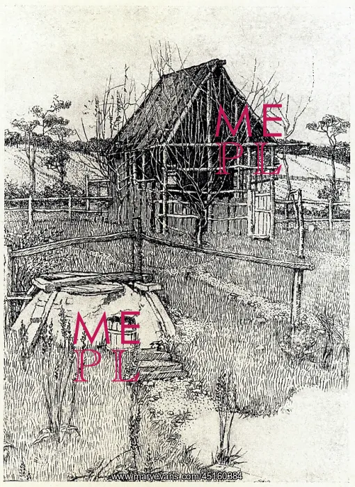 : Landscape. This pen drawing shows a rickety wooden countryside structure : Landscape. This pen drawing shows a rickety wooden countryside structure