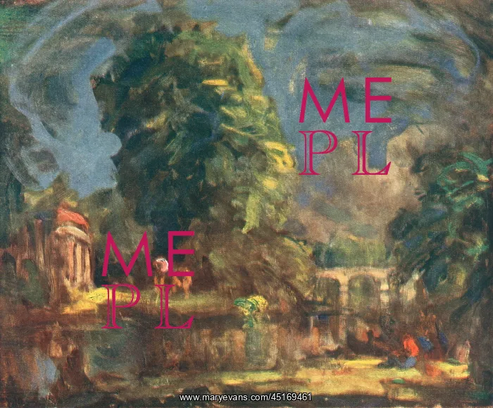 : Landscape. A landscape painting of a calm river trailing off under an arch : Landscape. A landscape painting of a calm river trailing off under an arch