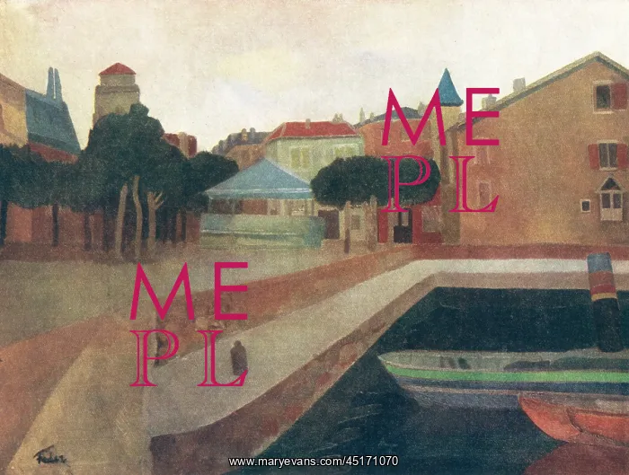 : Landscape. A painting of a harbour town, with ships approaching the platform : Landscape. A painting of a harbour town, with ships approaching the platform