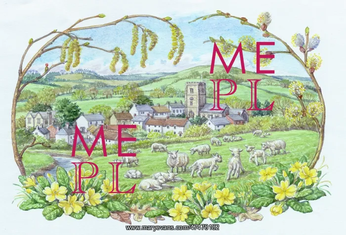 : Landscape & border of primroses, hazel catkins : Landscape & border of primroses, hazel catkins