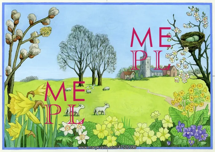 : Landscape with sheep and spring flowers : Landscape with sheep and spring flowers