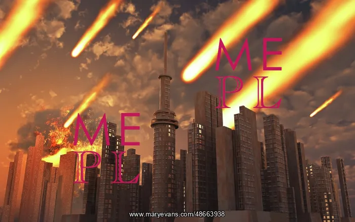 : A large asteroid and its debris falling on a futuristic city : A large asteroid and its debris falling on a futuristic city