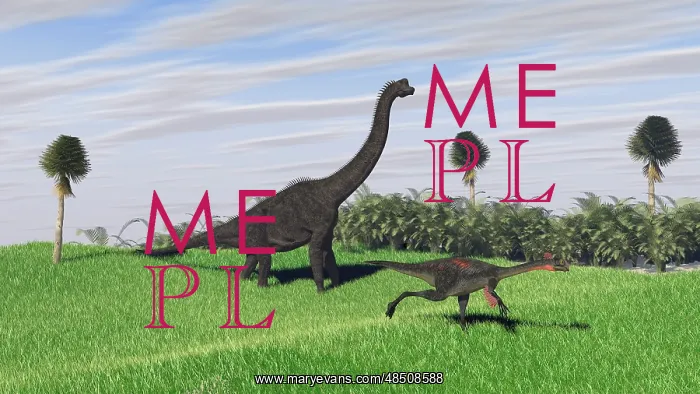 : Large Brachiosaurus and a Gigantoraptor in a grassy field : Large Brachiosaurus and a Gigantoraptor in a grassy field