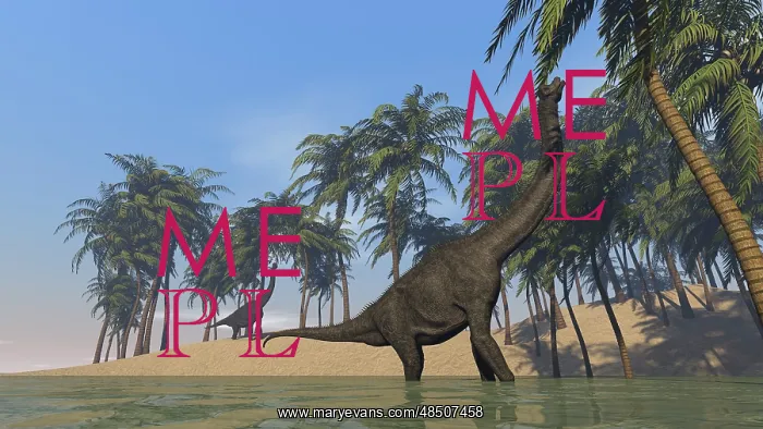 : Two large Brachiosaurus grazing along a bay : Two large Brachiosaurus grazing along a bay