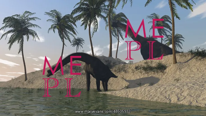 : Two large Brachiosaurus grazing along the water's edge : Two large Brachiosaurus grazing along the water's edge