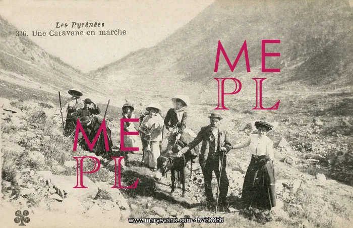 : Large family group led through a valley in the Pyrenees : Large family group led through a valley in the Pyrenees