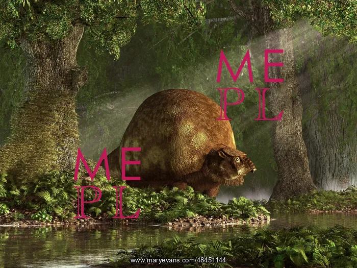 : A large Glyptodon stands near the edge of a stream : A large Glyptodon stands near the edge of a stream