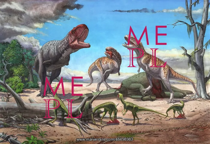 : A large Rajasaurus roars in an attempt to scare two ? : A large Rajasaurus roars in an attempt to scare two ?