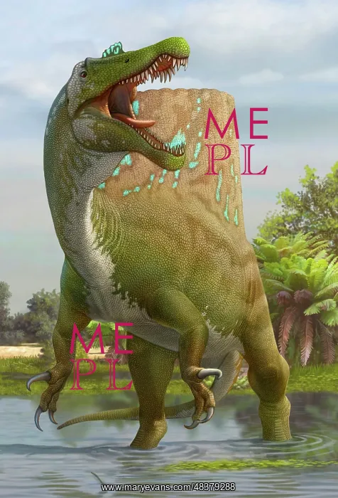 : A large Spinosaurus lets out a loud roar to claim : A large Spinosaurus lets out a loud roar to claim