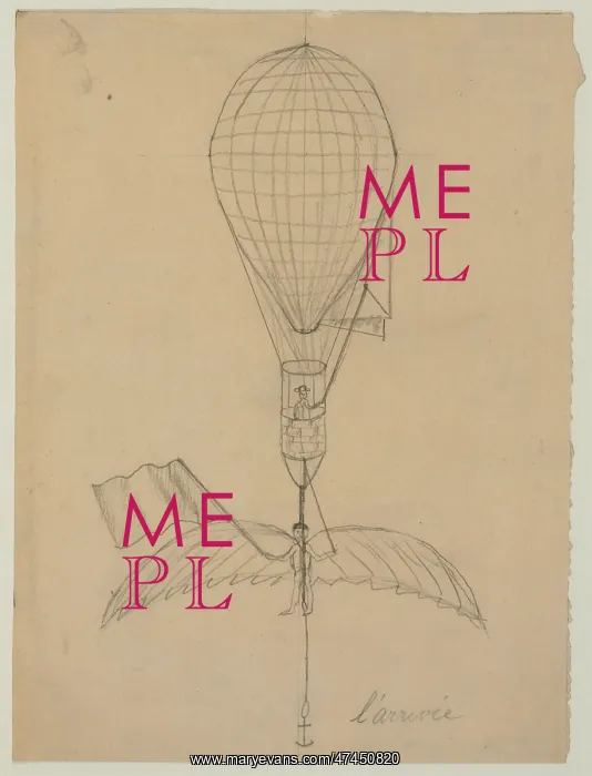 : L'arrivee. Drawing shows the descent of a balloon with a parachutist below : L'arrivee. Drawing shows the descent of a balloon with a parachutist below