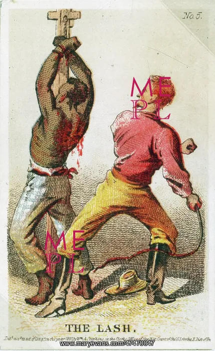 : The Lash. Card showing bound African American slave being whipped. Date c1863 : The Lash. Card showing bound African American slave being whipped. Date c1863