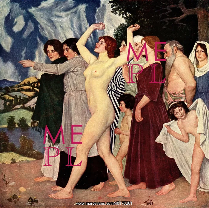 : Laughter. This oil painting depicts a small band of people parading through : Laughter. This oil painting depicts a small band of people parading through
