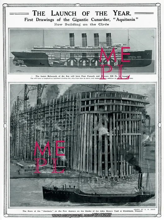 : Launch of Cunarder, Aquitania, by G. H. Davis : Launch of Cunarder, Aquitania, by G. H. Davis