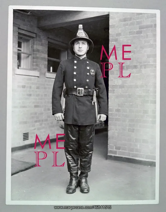 : LCC-LFB Fireman in his fire kit with new cork helmet : LCC-LFB Fireman in his fire kit with new cork helmet