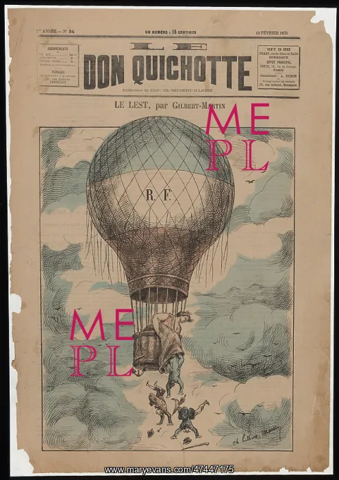 : Le lest. French cartoon shows Marianne (symbol of France) in a balloon : Le lest. French cartoon shows Marianne (symbol of France) in a balloon