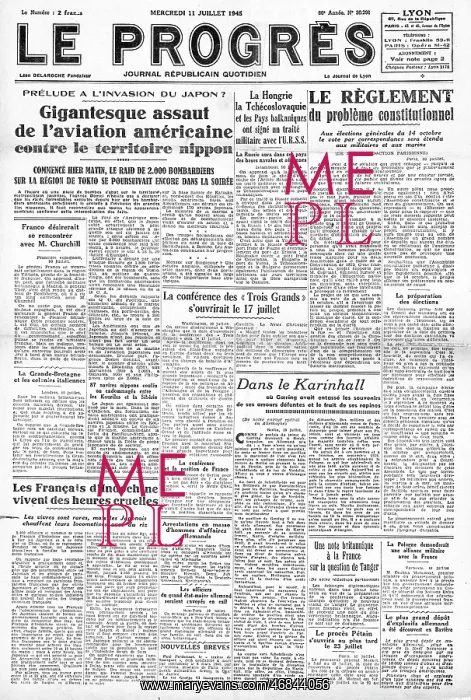 : Le Progres front page Huge bombing raids on Japan : Le Progres front page Huge bombing raids on Japan