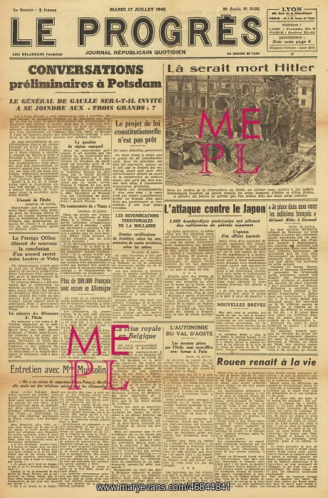 : Le Progres front page Potsdam Conference : Le Progres front page Potsdam Conference
