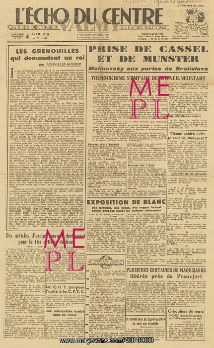 : L'Echo Du Centre front page Red Army at Bratislava : L'Echo Du Centre front page Red Army at Bratislava