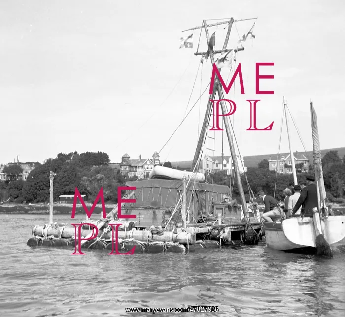 : L'egare II - North Atlantic expedition raft, at Falmouth : L'egare II - North Atlantic expedition raft, at Falmouth