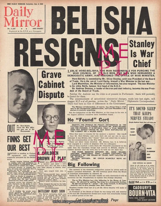: Leslie Hore-Belisha resigns : Leslie Hore-Belisha resigns