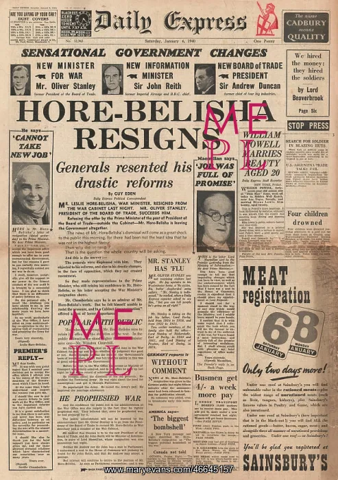 : Leslie Hore-Belisha resigns : Leslie Hore-Belisha resigns