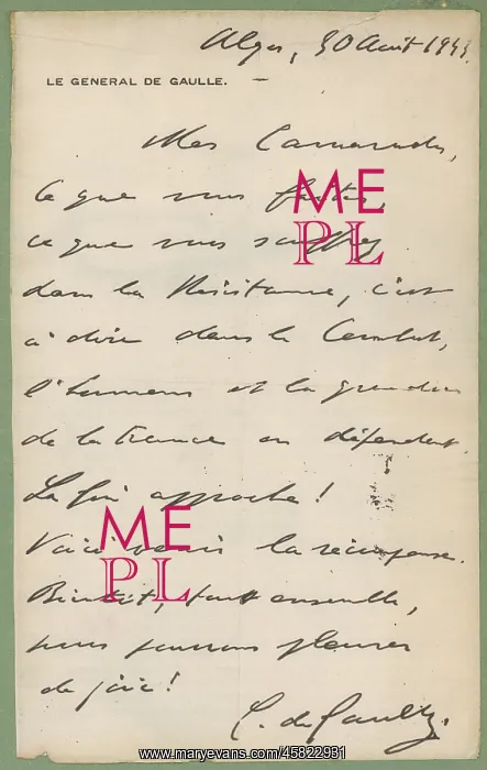 : LETTER FROM DE GAULLE : LETTER FROM DE GAULLE