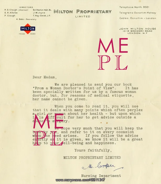 : Letter from Milton Proprietary enclosing a booklet : Letter from Milton Proprietary enclosing a booklet