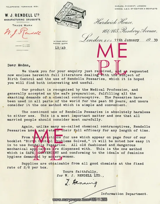 : Letter promoting Rendell's Pessaries : Letter promoting Rendell's Pessaries