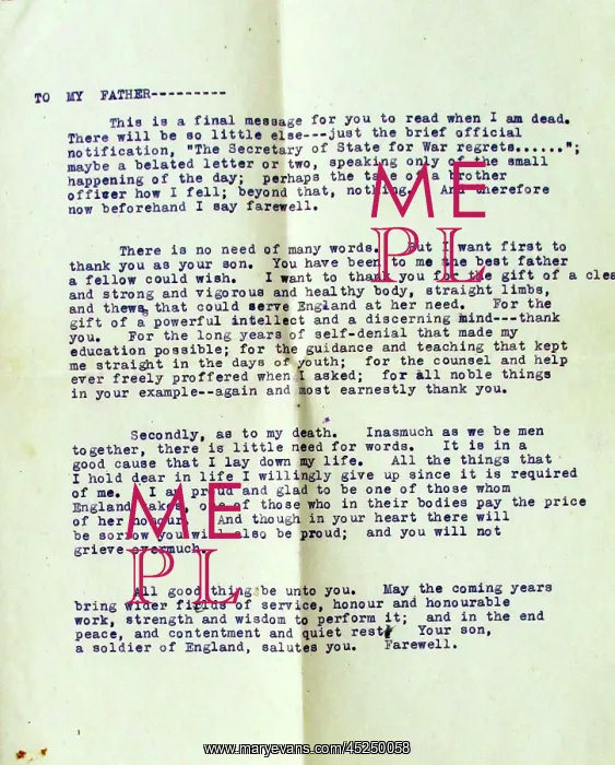 : Letter to be sent to the writer's father should he be killed : Letter to be sent to the writer's father should he be killed