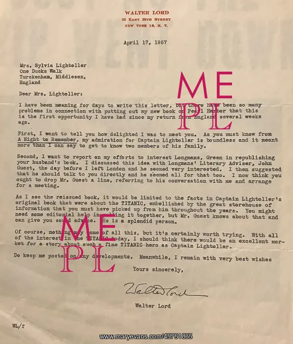 : Letter from Walter Lord to Mrs Sylvia Lightoller : Letter from Walter Lord to Mrs Sylvia Lightoller