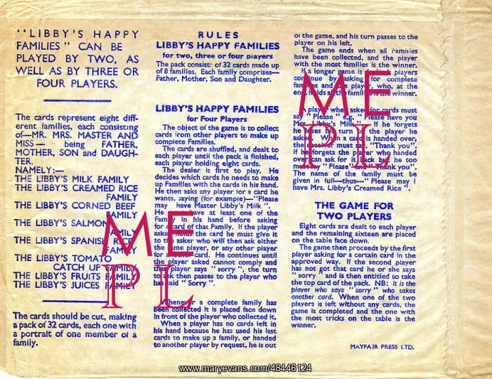 : Libby's Happy Families Card Game Rules : Libby's Happy Families Card Game Rules