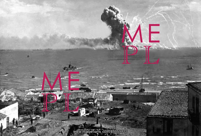 : Liberty Ship SS Rowan explodes after being hit by : Liberty Ship SS Rowan explodes after being hit by