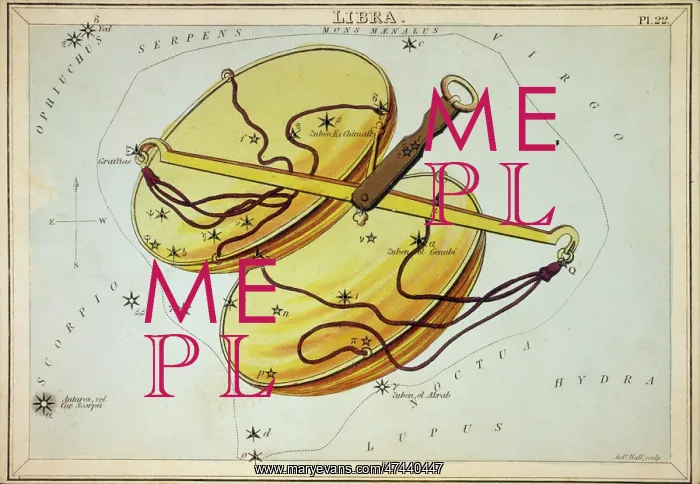 : Libra. Astronomical chart showing a balance forming the constellation. Date 1825 : Libra. Astronomical chart showing a balance forming the constellation. Date 1825