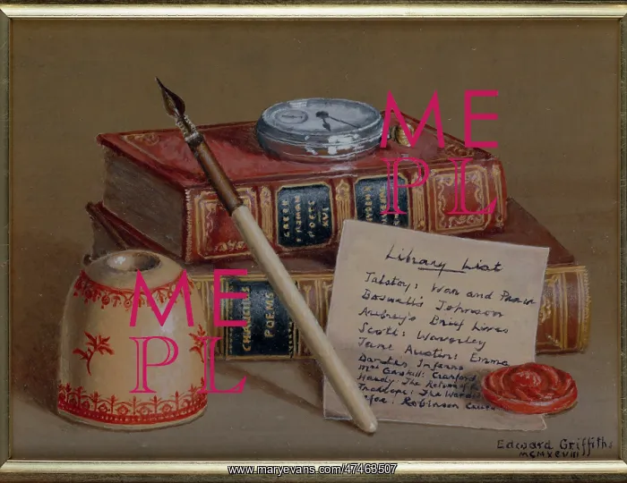 : The Library List with books, pen, inkwell etc : The Library List with books, pen, inkwell etc