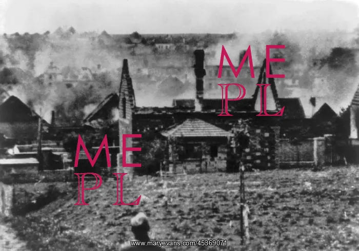 : Lidice, Czechoslovakia in flames in June 1942, during : Lidice, Czechoslovakia in flames in June 1942, during