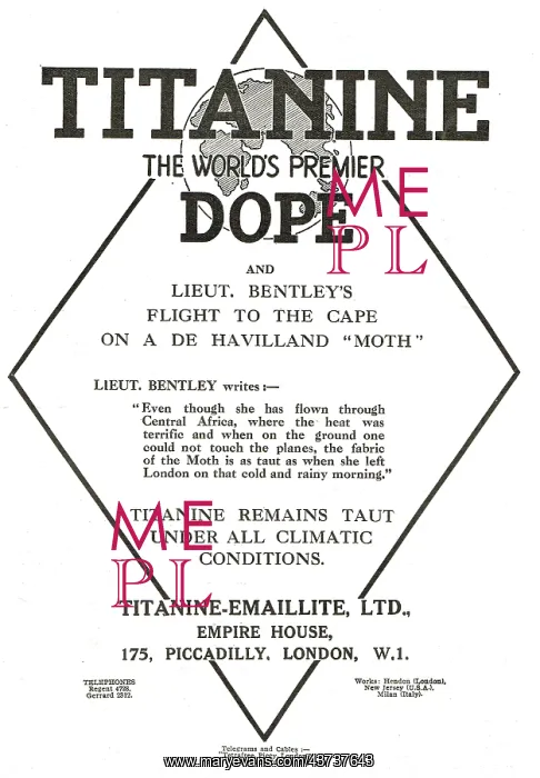 : Lieut Bentley's 'Cape' Moth Doped With Titanine : Lieut Bentley's 'Cape' Moth Doped With Titanine