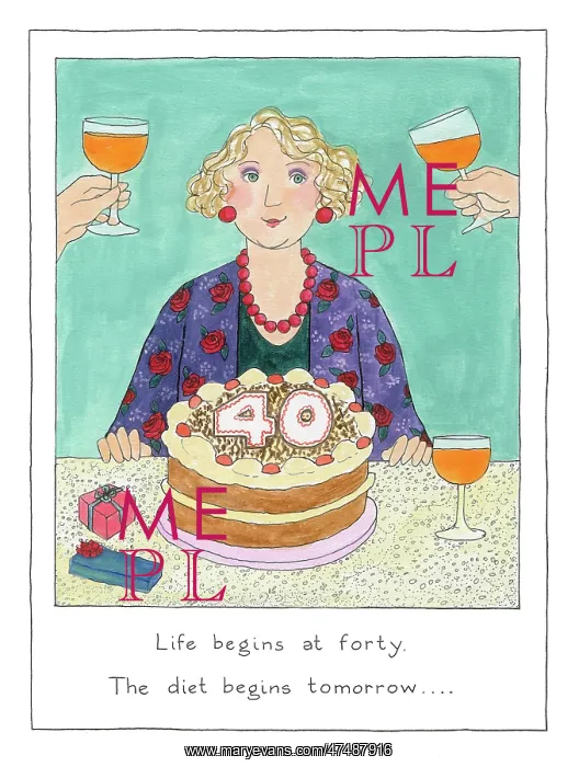 : Life begins at Forty - Woman with cake : Life begins at Forty - Woman with cake