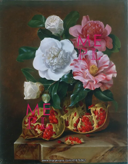 : Still life of flowers and a pomegranate : Still life of flowers and a pomegranate
