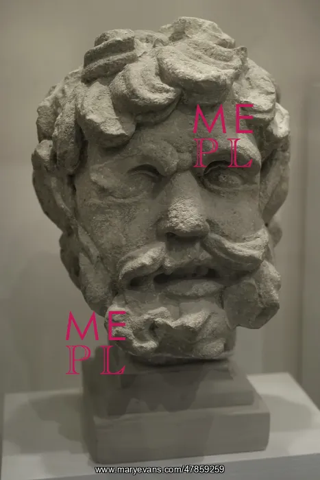 : Life-sized head of a silenus (old satyr) with pointed ears : Life-sized head of a silenus (old satyr) with pointed ears