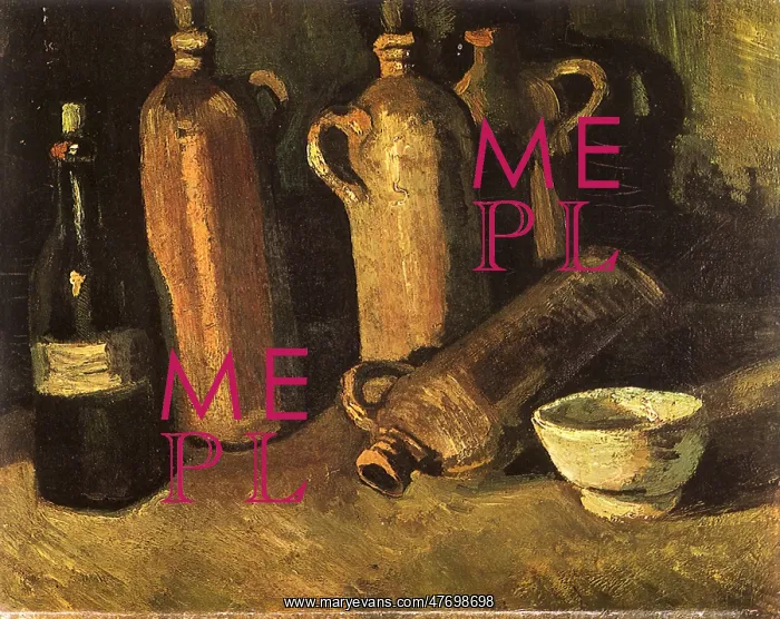 : Still Life with Four Stone Bottles, by Van Gogh : Still Life with Four Stone Bottles, by Van Gogh