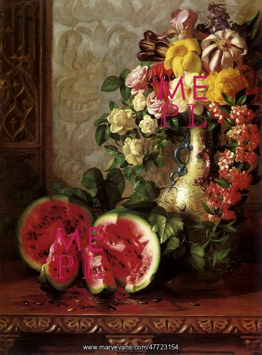 : Still Life: Vase of Flowers and Watermelon : Still Life: Vase of Flowers and Watermelon