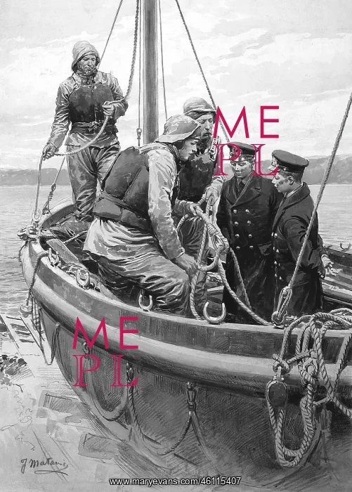 : Lifeboat crew and two cadets in a boat : Lifeboat crew and two cadets in a boat